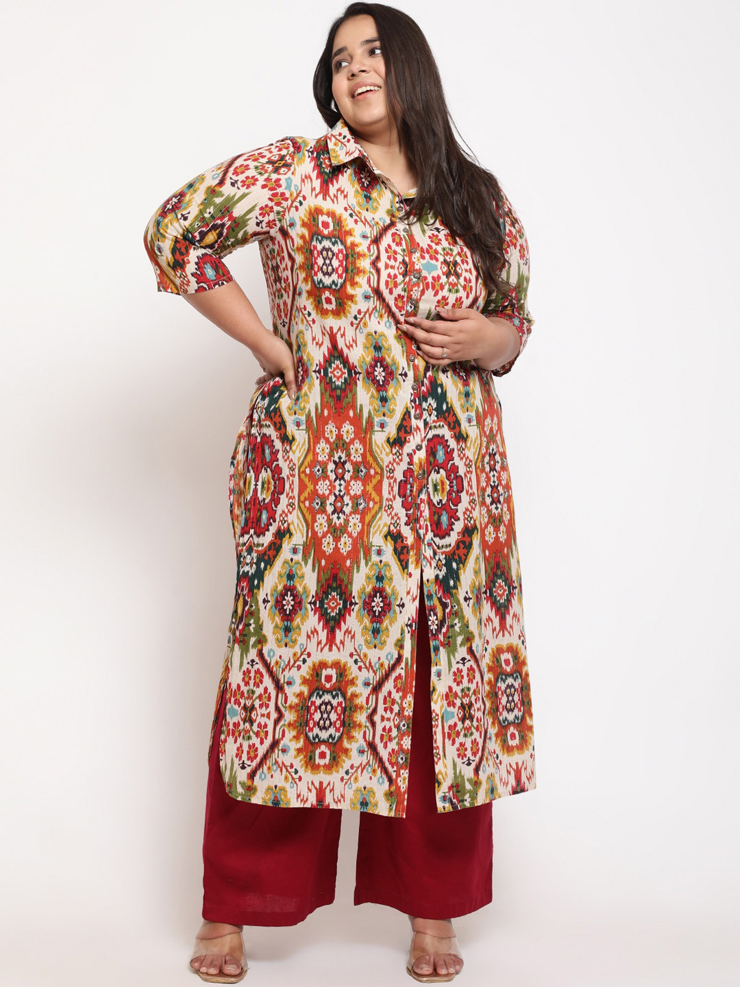 

Amydus Plus Size Ethnic Motifs Printed Shirt Collar Cotton Straight Kurta, White