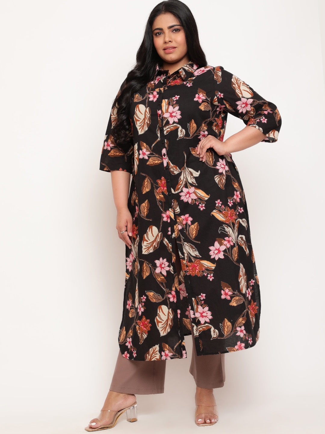 

Amydus Plus Size Floral Printed Shirt Collar Cotton Straight Kurta, Black