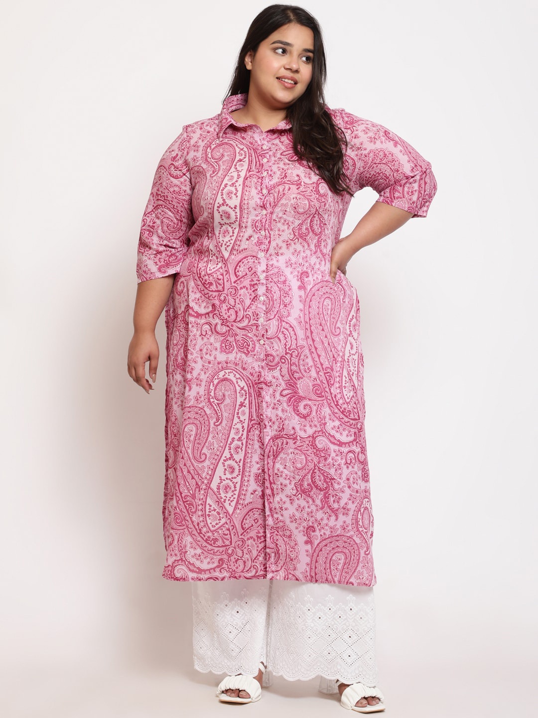 

Amydus Plus Size Paisley Printed Shirt Collar Cotton Straight Kurta, Pink