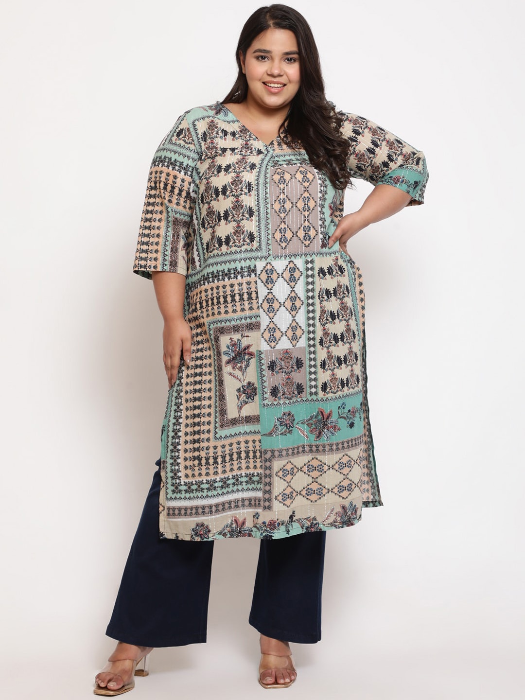 

Amydus Plus Size Geometric Printed Straight Kurta, Green