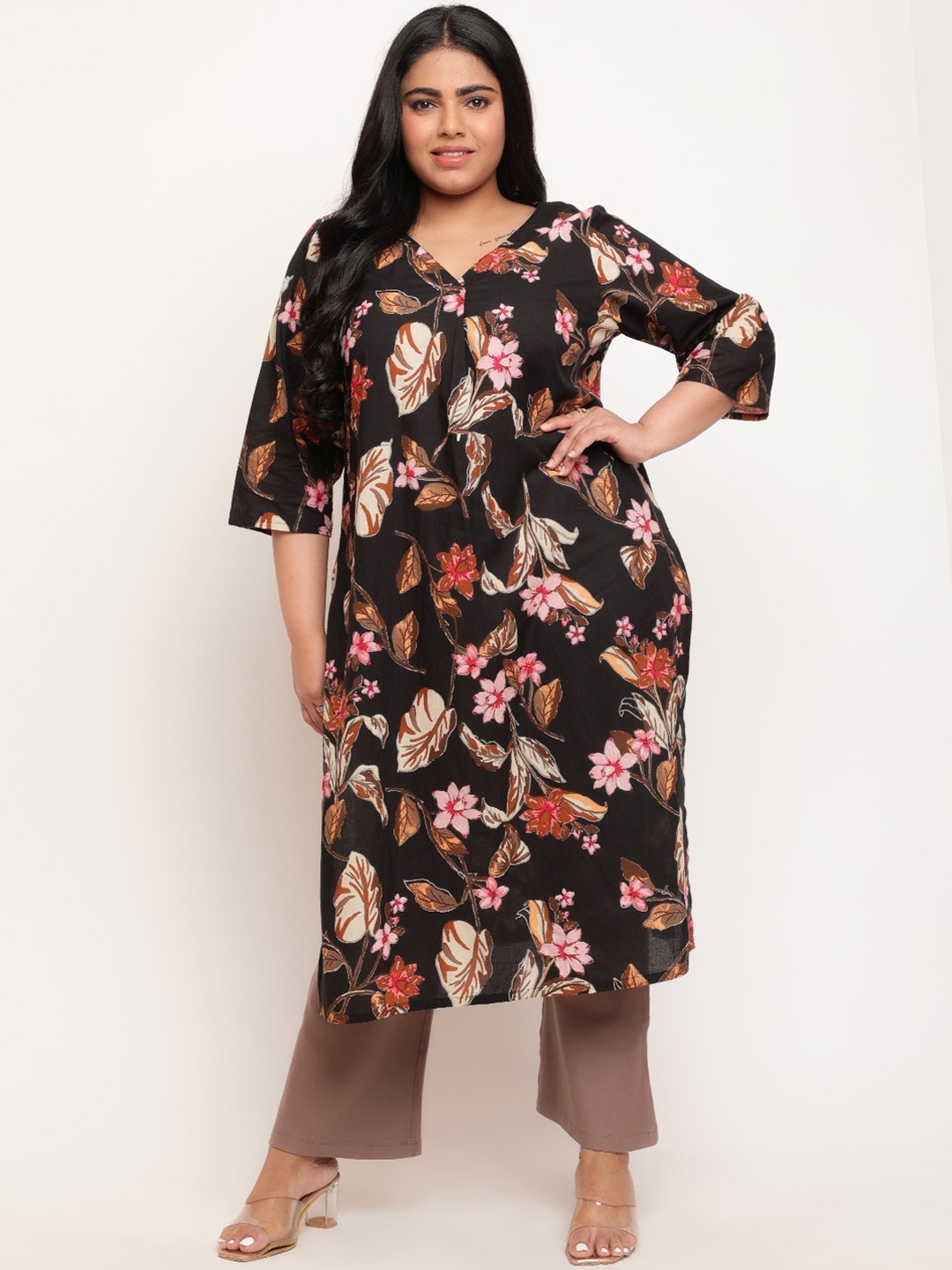 

Amydus Plus Size Floral Printed Pure Cotton Straight Kurta, Black