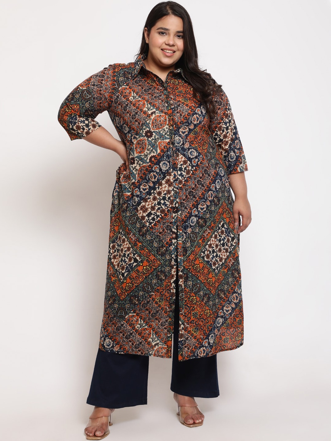 

Amydus Plus Size Ethnic Motifs Printed Pure Cotton Straight Kurta, Rust