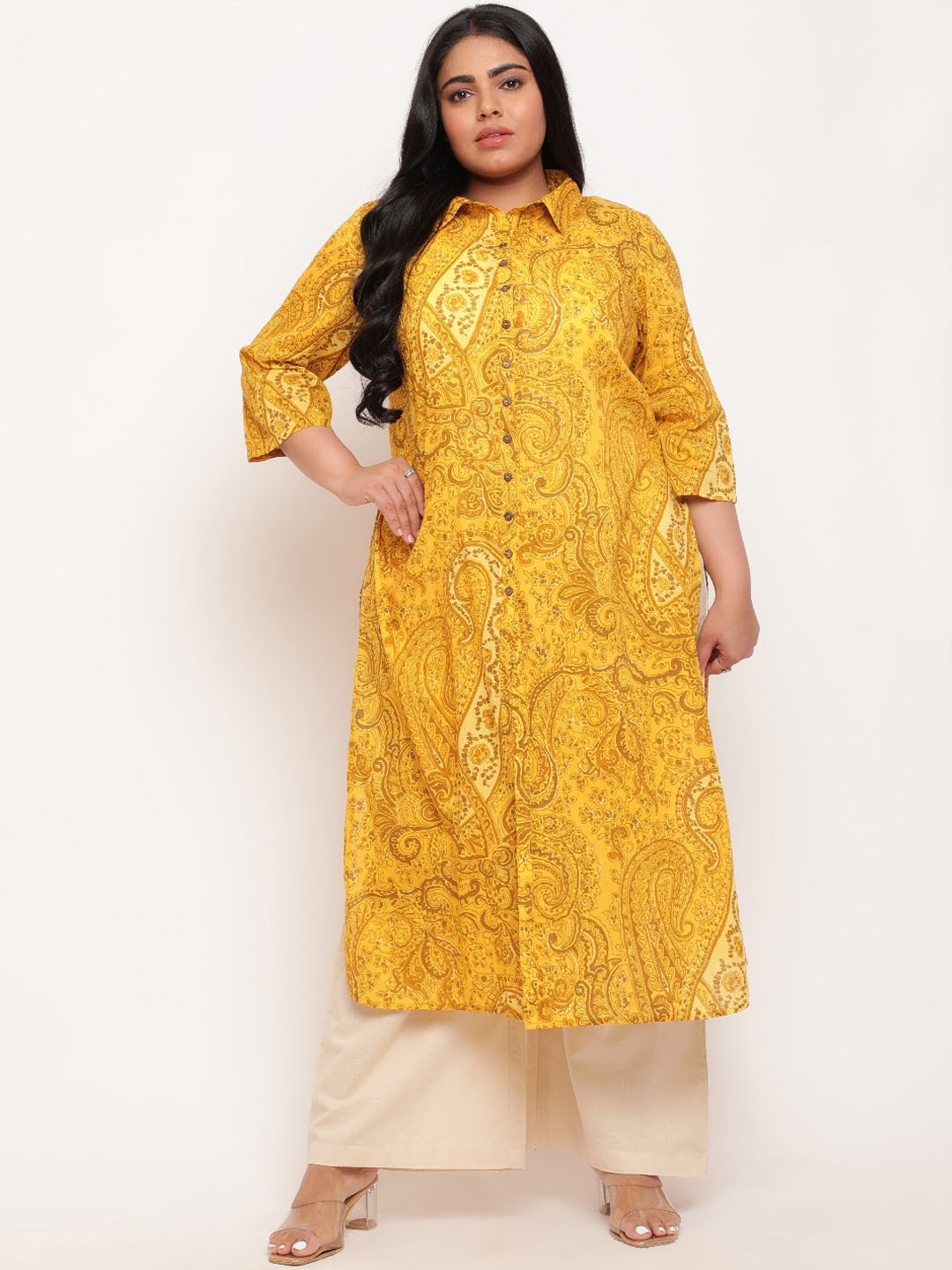 

Amydus Plus Size Paisley Printed Straight Kurta, Yellow