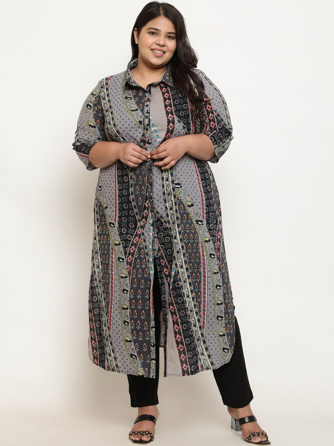 

Amydus Plus Size Ethnic Motifs Printed Pure Cotton Straight Kurta, Grey