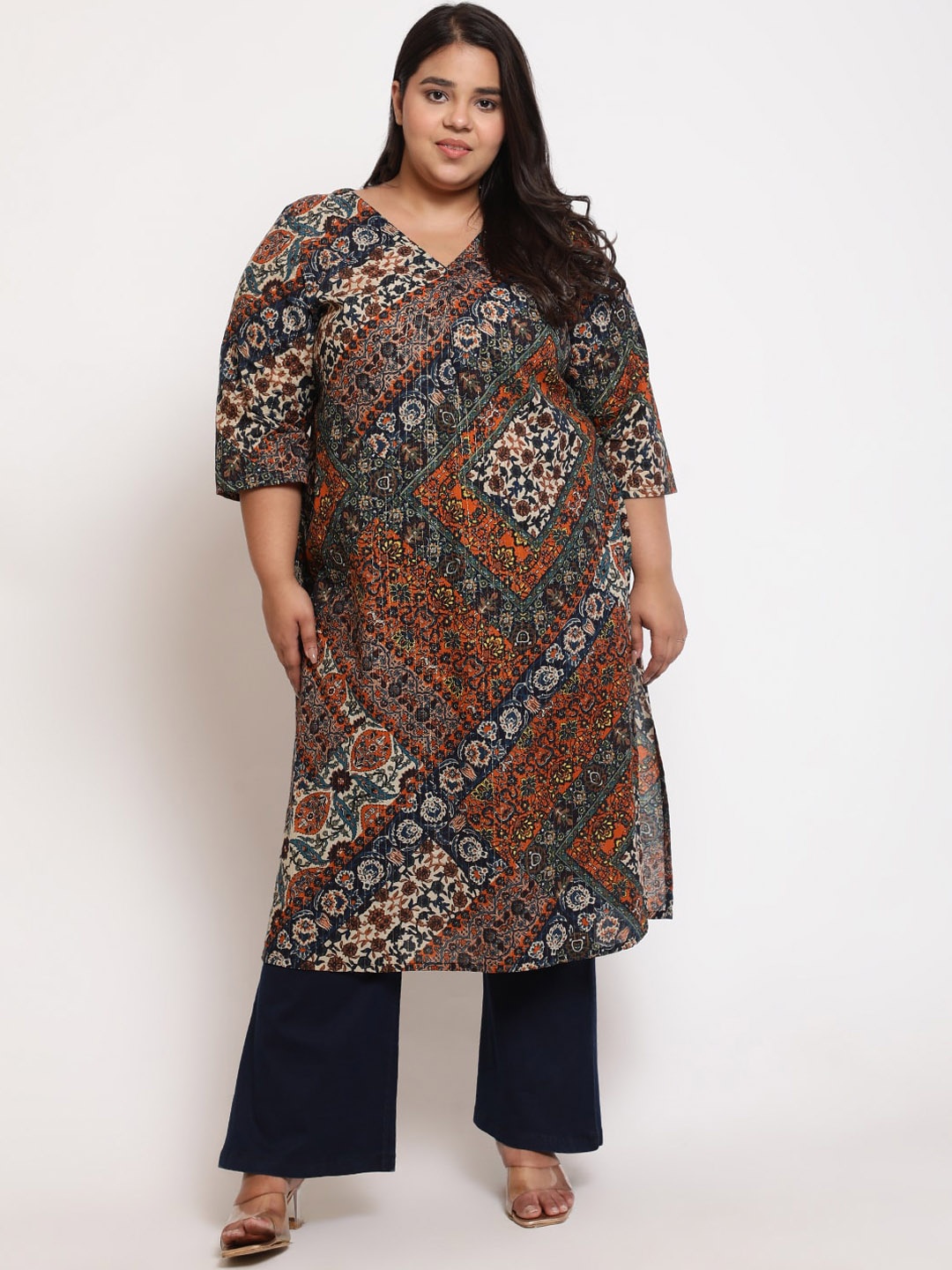

Amydus Plus Size Ethnic Motifs Printed Pure Cotton Straight Kurta, Rust