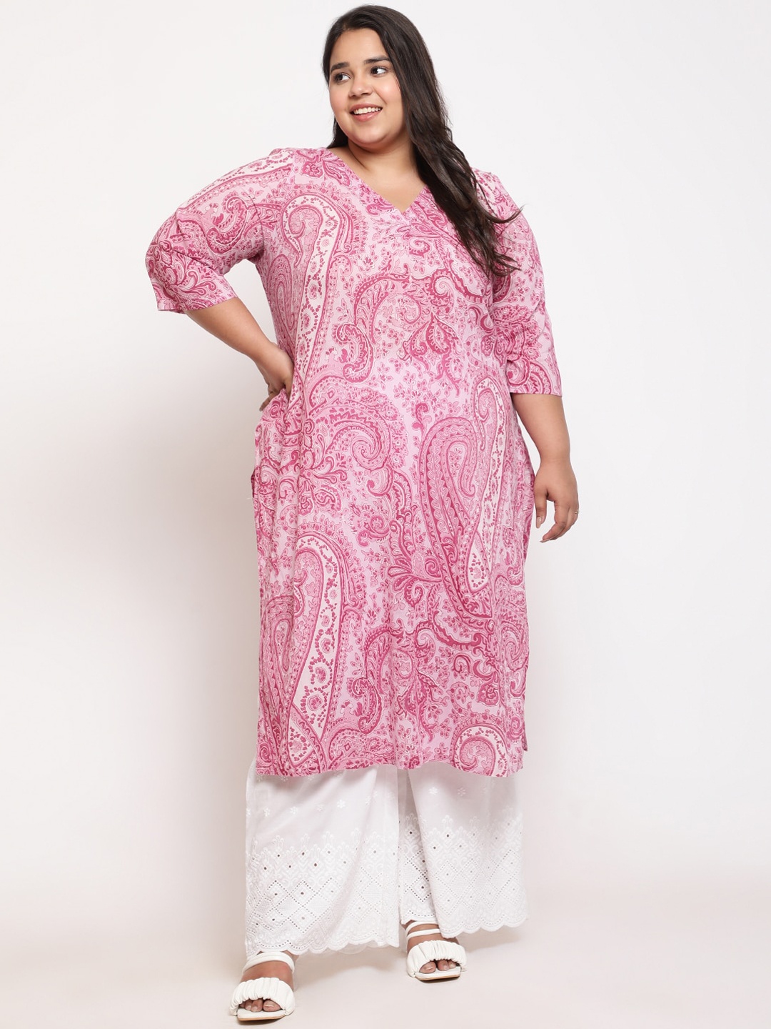

Amydus Plus Size Paisley Printed Pure Cotton Straight Kurta, Pink