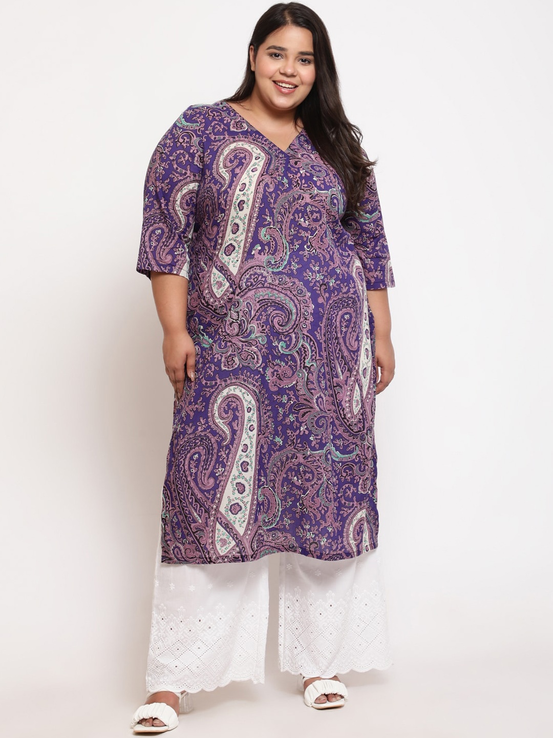 

Amydus Plus Size Paisley Printed Pure Cotton Straight Kurta, Purple