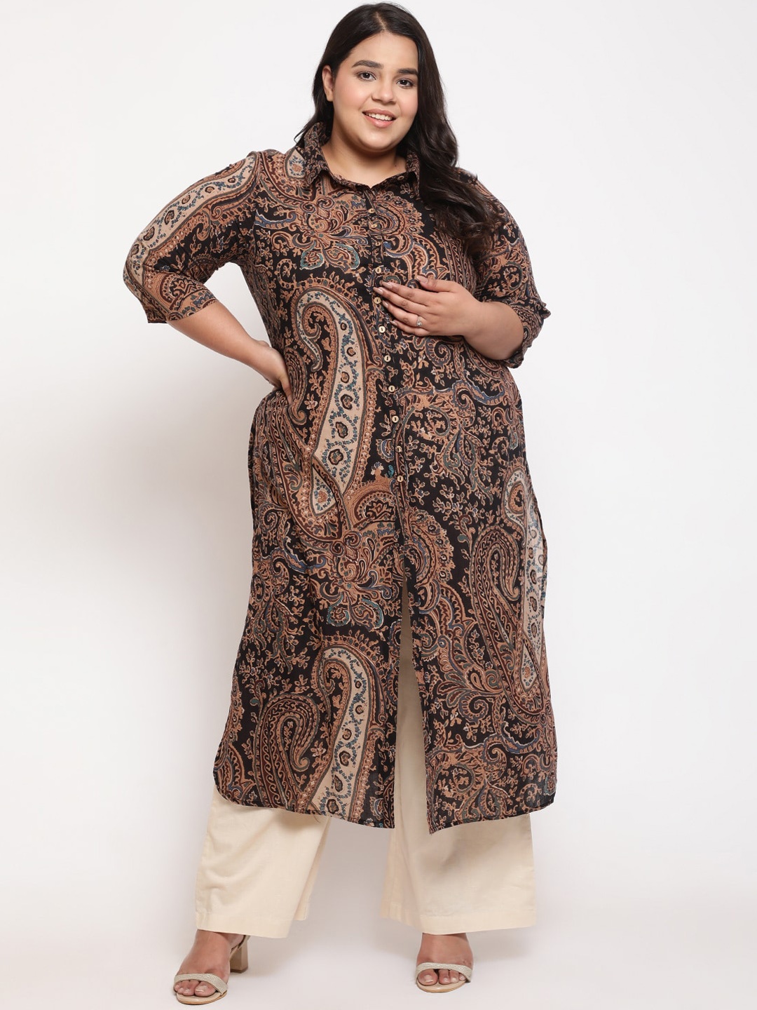 

Amydus Plus Size Ethnic Motifs Printed Pure Cotton Straight Kurta, Black