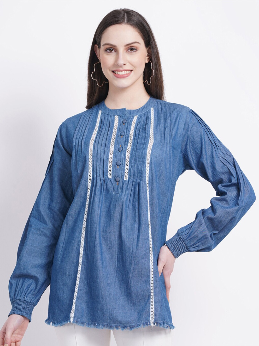 

SUMAVI-FASHION Mandarin Collar Organic Cotton Denim Top, Blue
