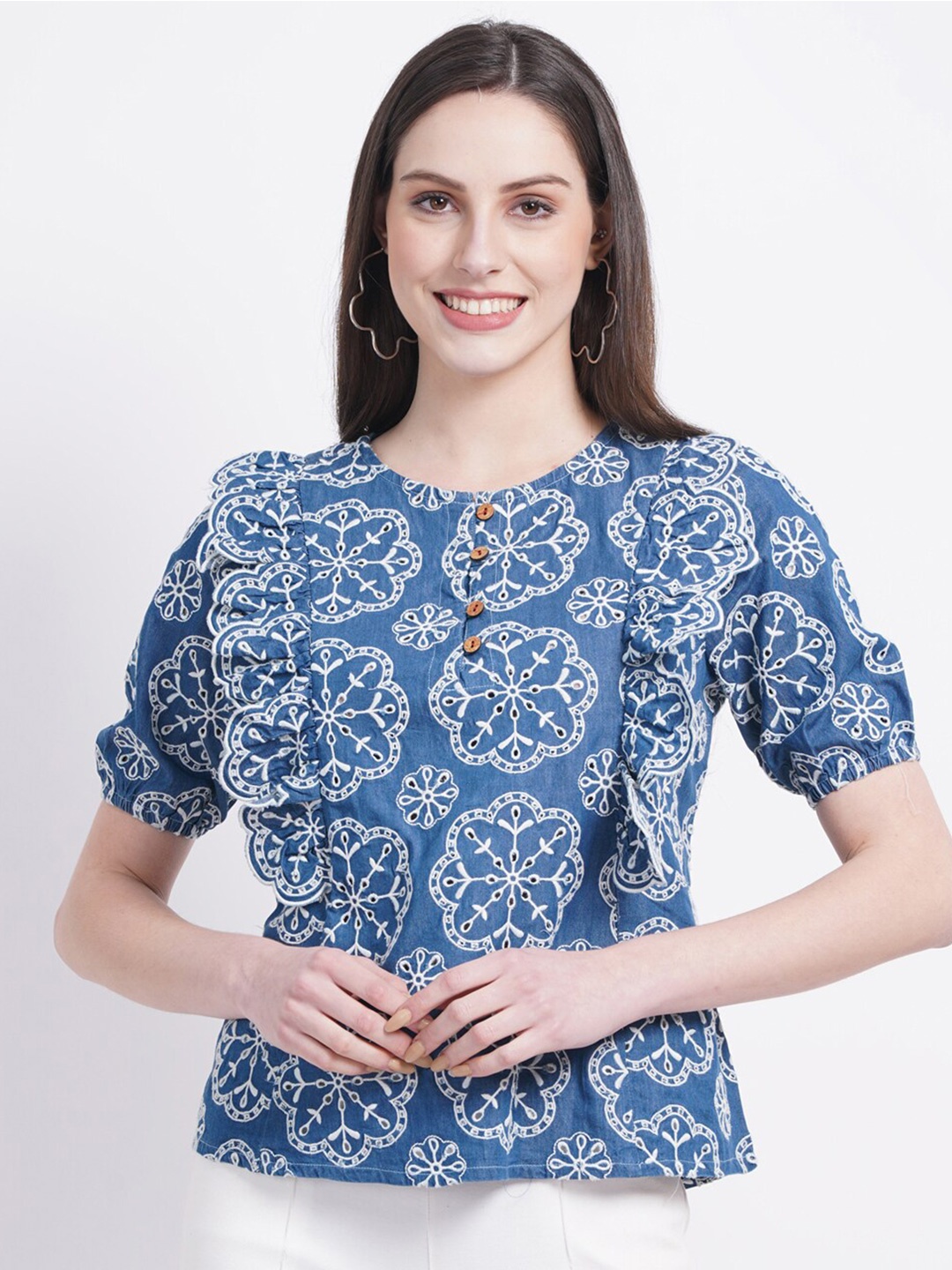 

SUMAVI-FASHION Floral Embroidered Puff Sleeves Organic Cotton Denim Top, Blue