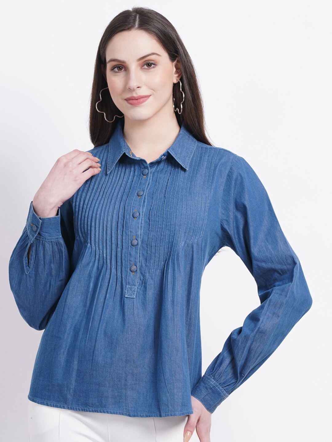 

SUMAVI-FASHION Cuffed Sleeves Organic Cotton Denim Shirt Style Top, Blue