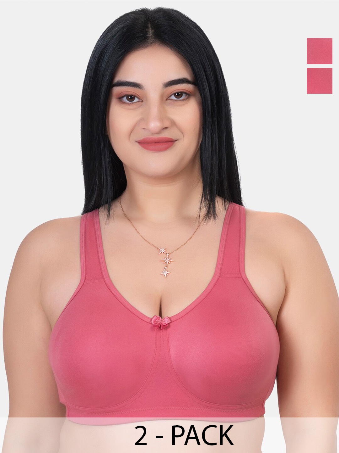 

KOMLI Pack Of 2 Full Coverage Non Padded Seamless Cotton T-shirt Bras- Side Shaper, Pink