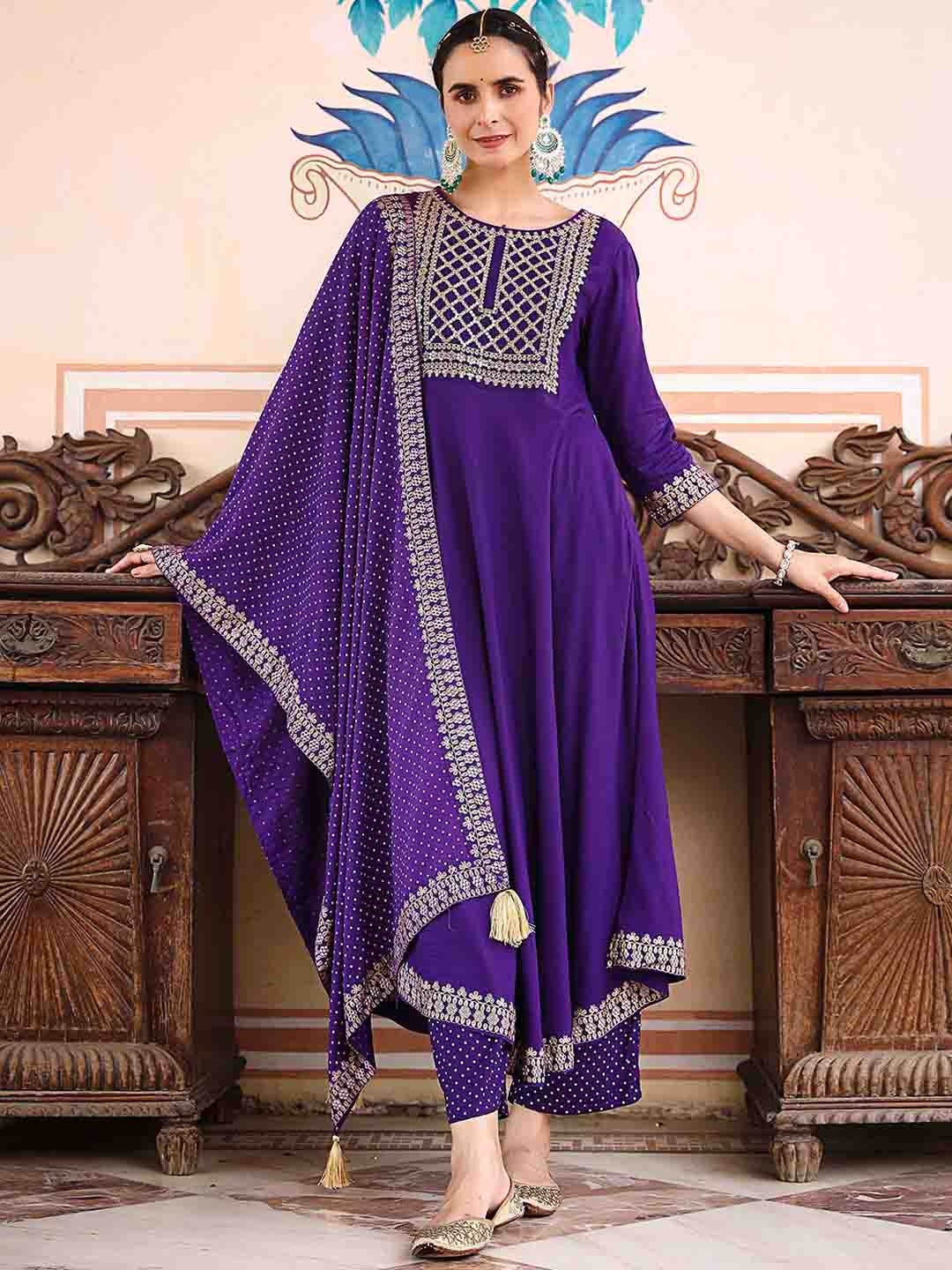 

AMIRAS INDIAN ETHNIC WEAR Embroidered Anarkali Sequinned Pure Cotton Kurta with Trousers, Purple