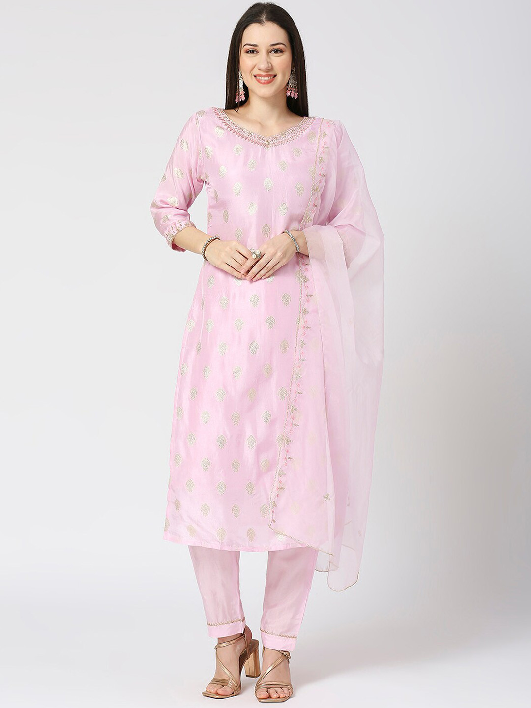 

GULABBO Regular Raw Silk Kurta With Trousers & Dupatta, Pink