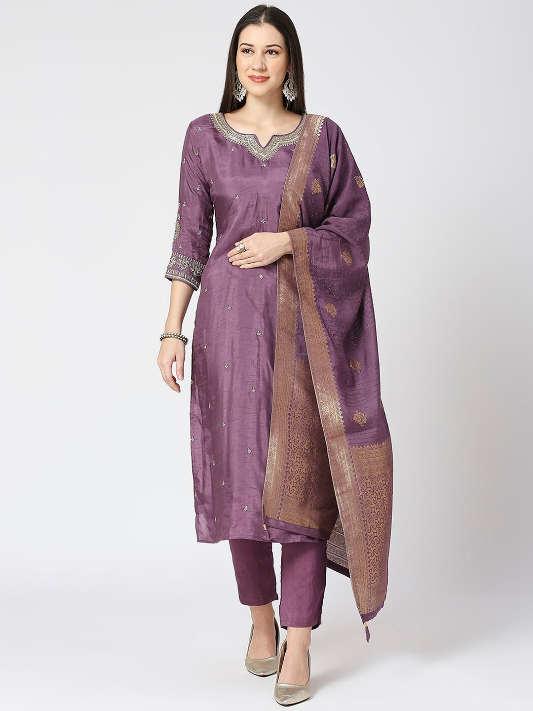 

GULABBO Embroidered Regular Sequinned Raw Silk Kurta With Trousers & Dupatta, Purple