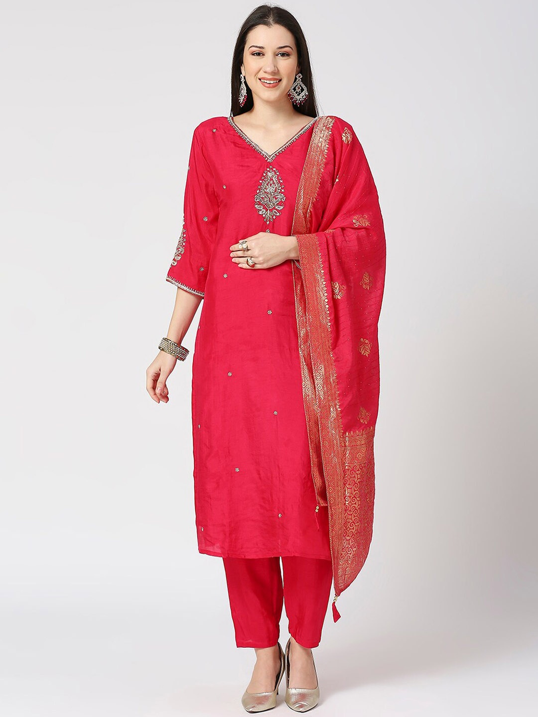 

GULABBO Floral Embroidered Beads & Stones Raw Silk Straight Kurta & Trousers With Dupatta, Pink