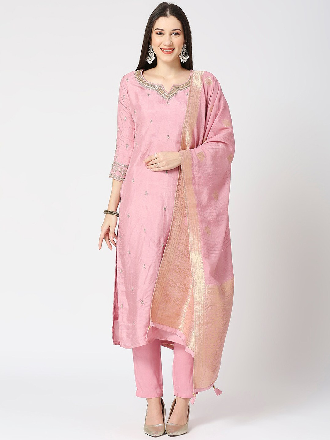 

GULABBO Embroidered Regular Sequinned Raw Silk Kurta With Trousers & Dupatta, Pink