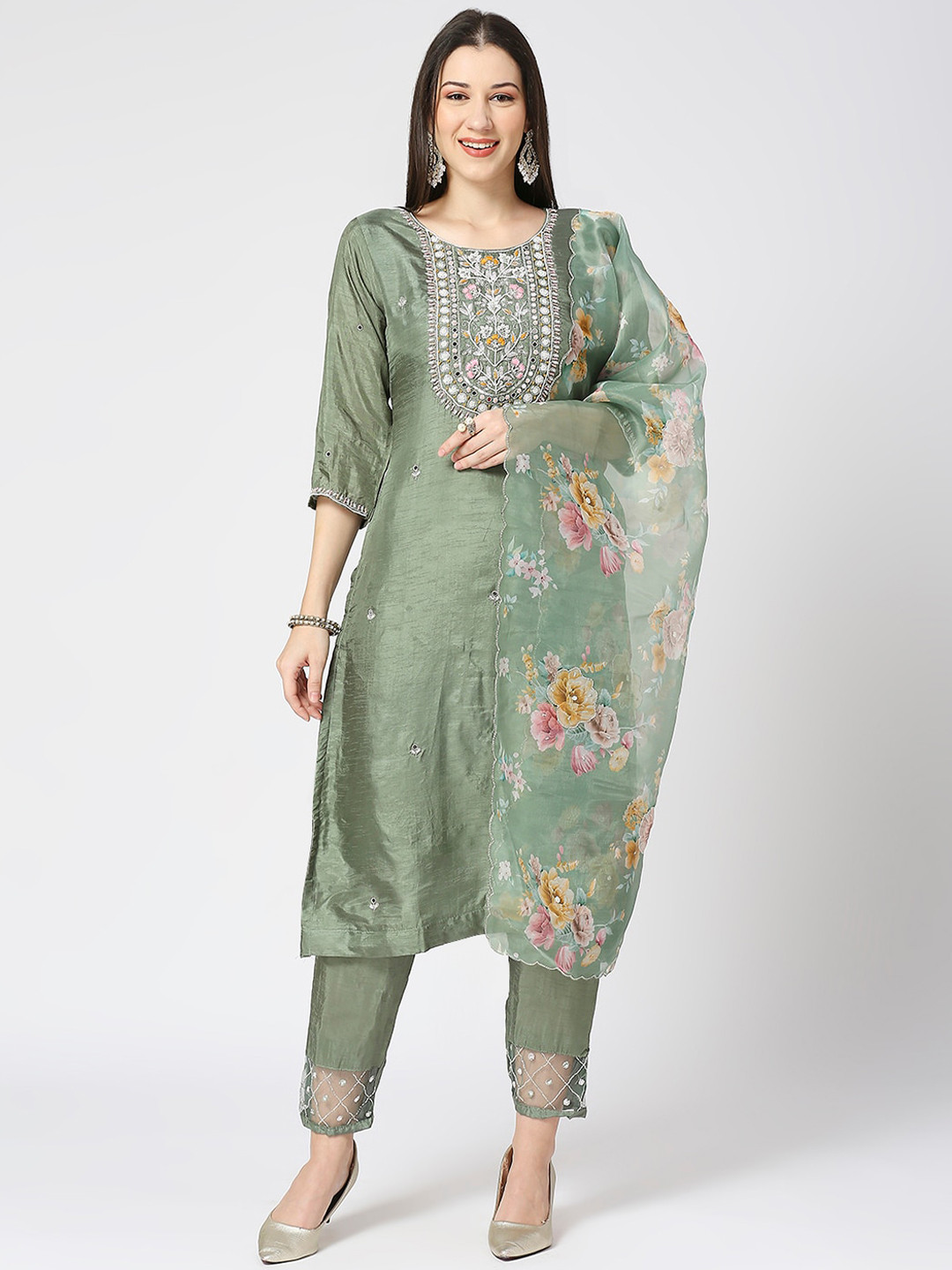 

GULABBO Floral Embroidered Sequinned Raw Silk Kurta & Trousers With Dupatta, Olive