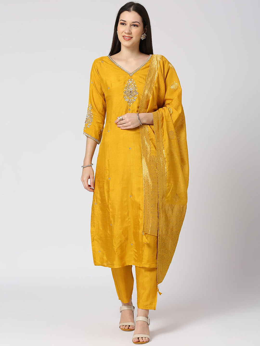 

GULABBO Embroidered Regular Sequinned Raw Silk Kurta With Trousers & Dupatta, Yellow