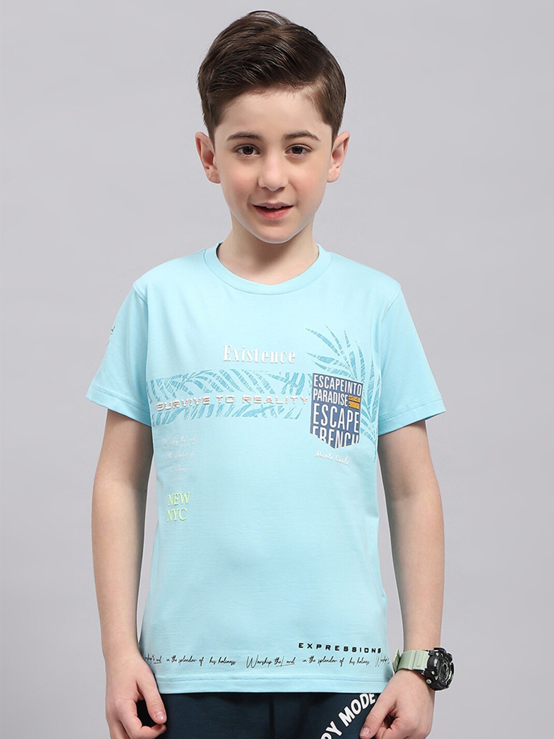 

Monte Carlo Boys Typography Printed Round Neck T-shirt, Turquoise blue