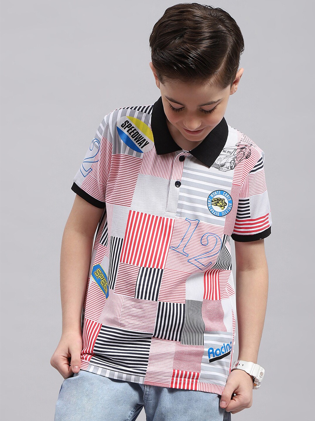 

Monte Carlo Boys Striped Polo Collar T-shirt, Red