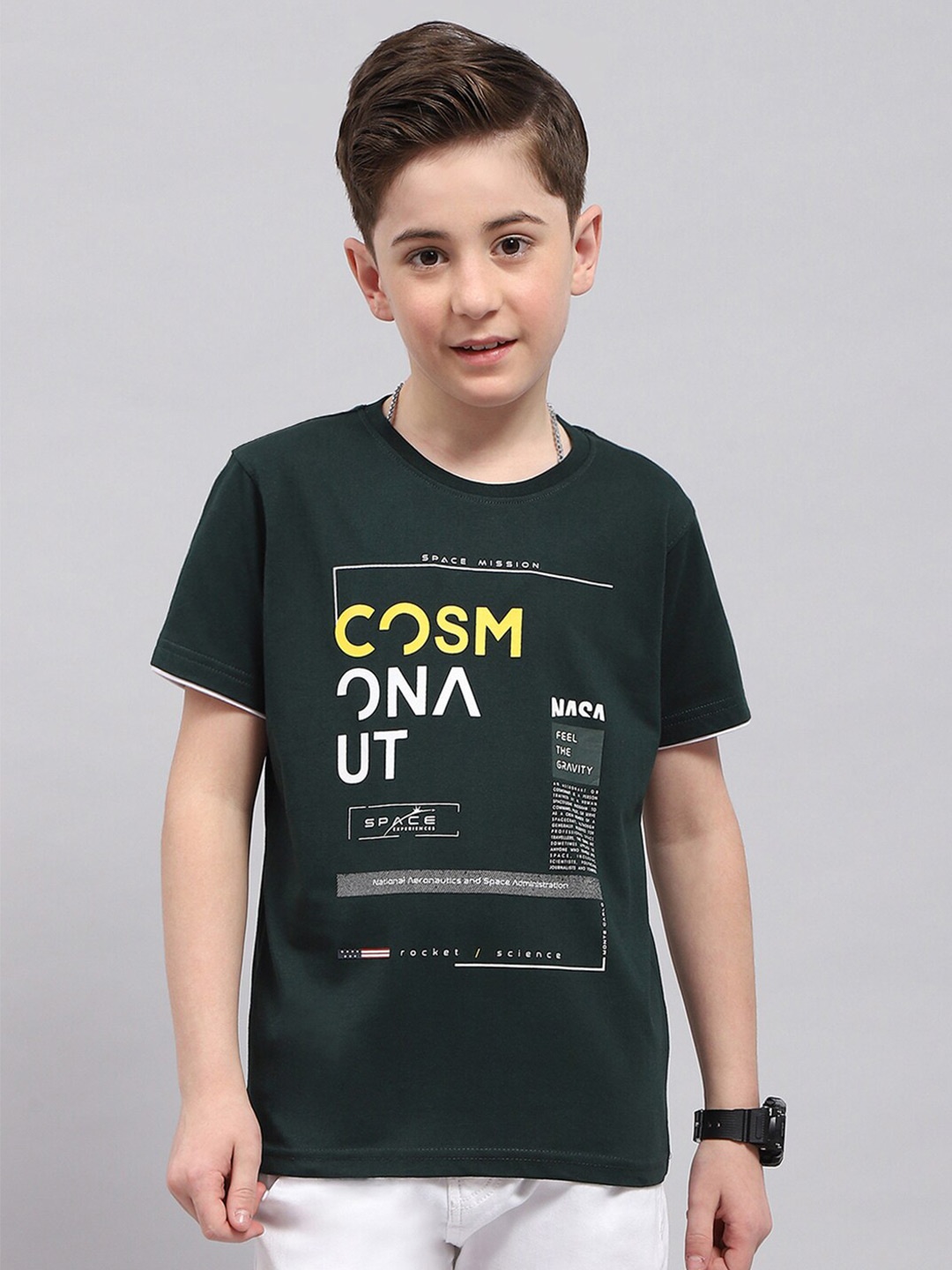 Monte Carlo Boys Typography Printed Pure Cotton T-Shirt, Green