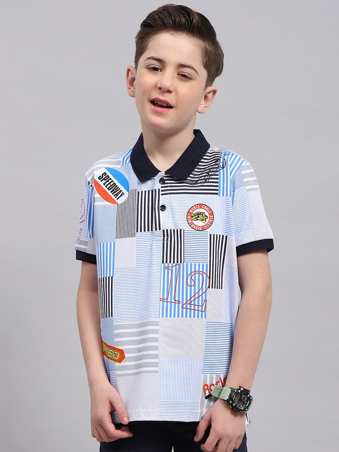 

Monte Carlo Boys Striped Polo Collar T-shirt, Blue