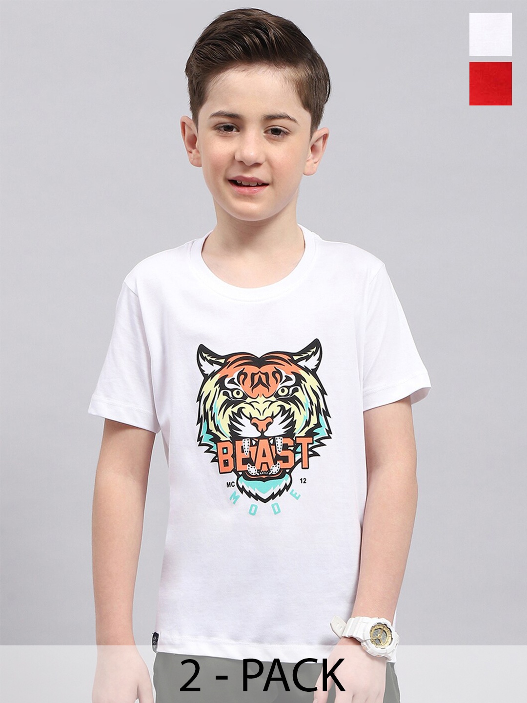 Monte Carlo Boys Pack Of 2 Printed Pure Cotton T-shirt, Red