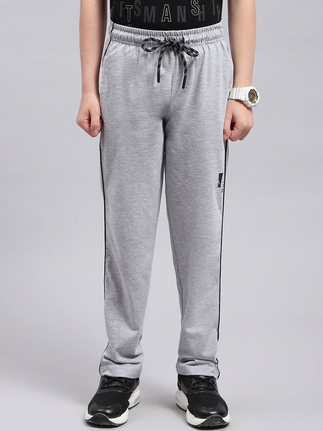 

Monte Carlo Boys Printed Mid Rise Track Pants, Grey melange