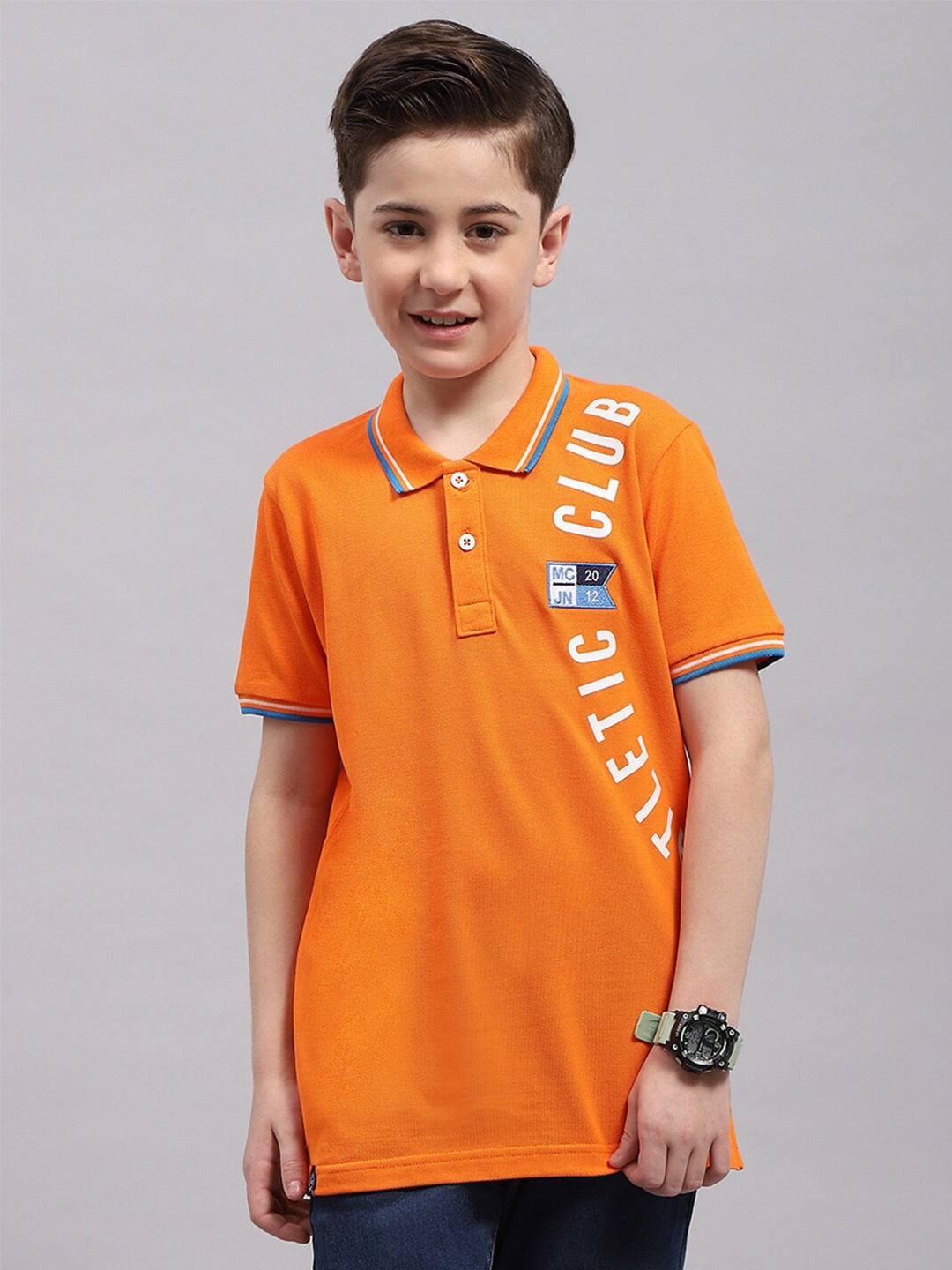 Monte Carlo Boys Typography Printed Polo Collar Cotton T-shirt, Orange