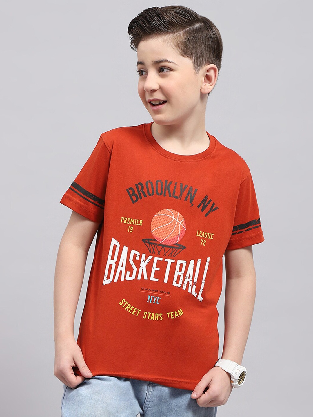 Monte Carlo Boys Typography Printed Pure Cotton T-shirt, Rust
