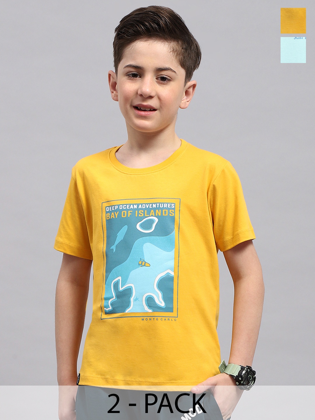 Monte Carlo Boys Pack Of 2 Typography Printed Pure Cotton T-shirt, Mustard