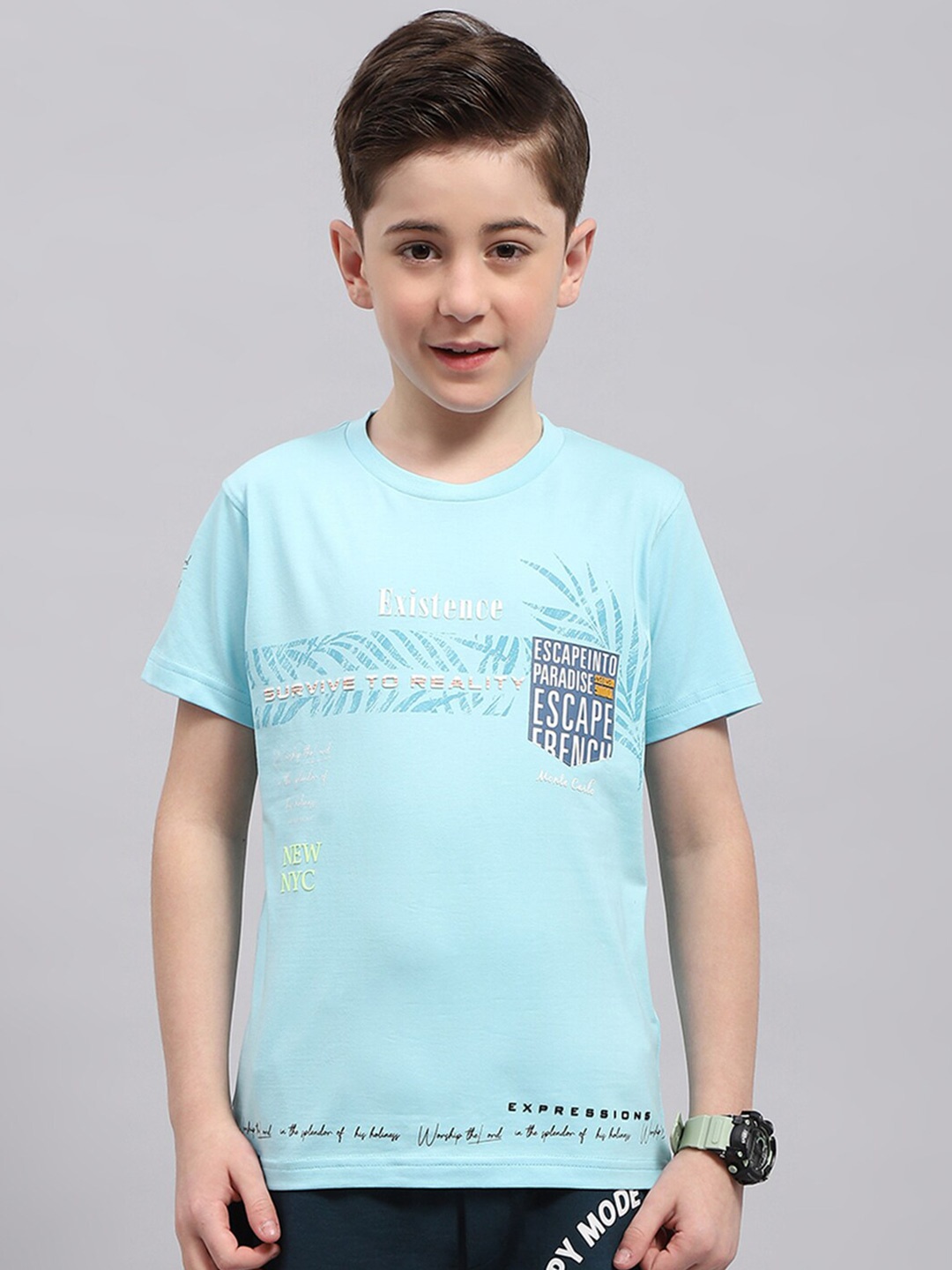 

Monte Carlo Boys Typography Printed Round Neck T-shirt, Turquoise blue