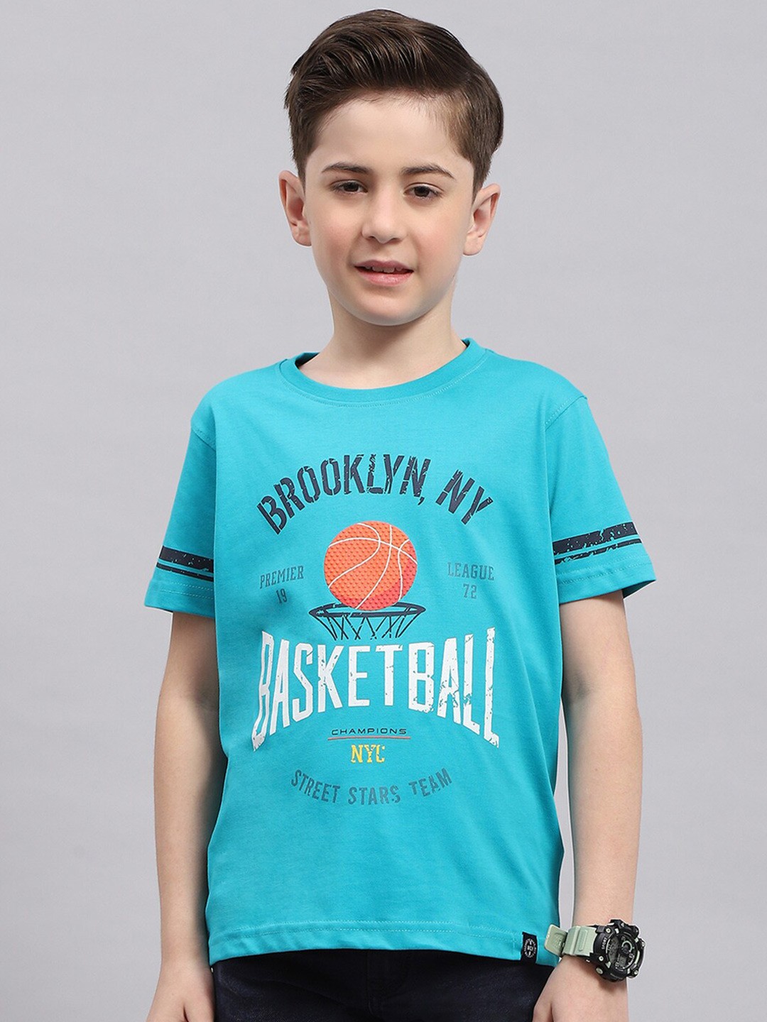 

Monte Carlo Boys Typography Printed Applique T-shirt, Turquoise blue
