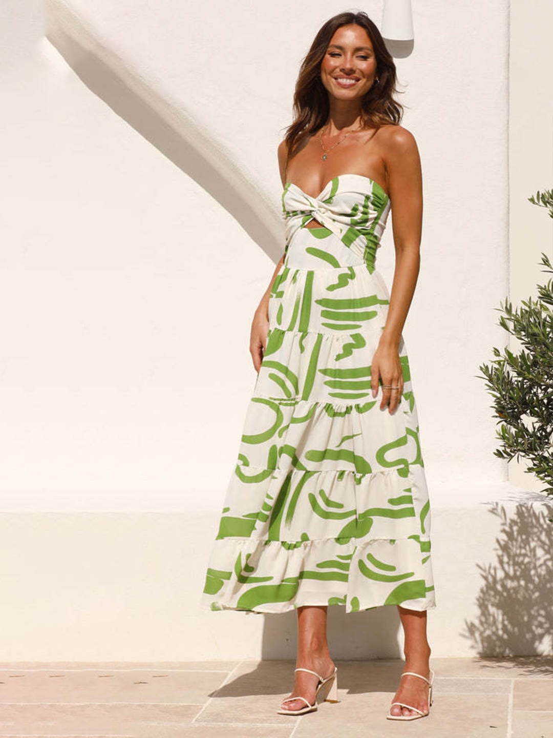 

StyleCast Green Abstract Printed Strapless A-Line Midi Dress, Off white