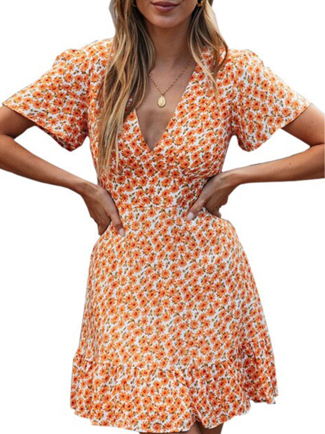 

StyleCast Orange Floral Printed Flared Sleeves A-Line Mini Dress, White