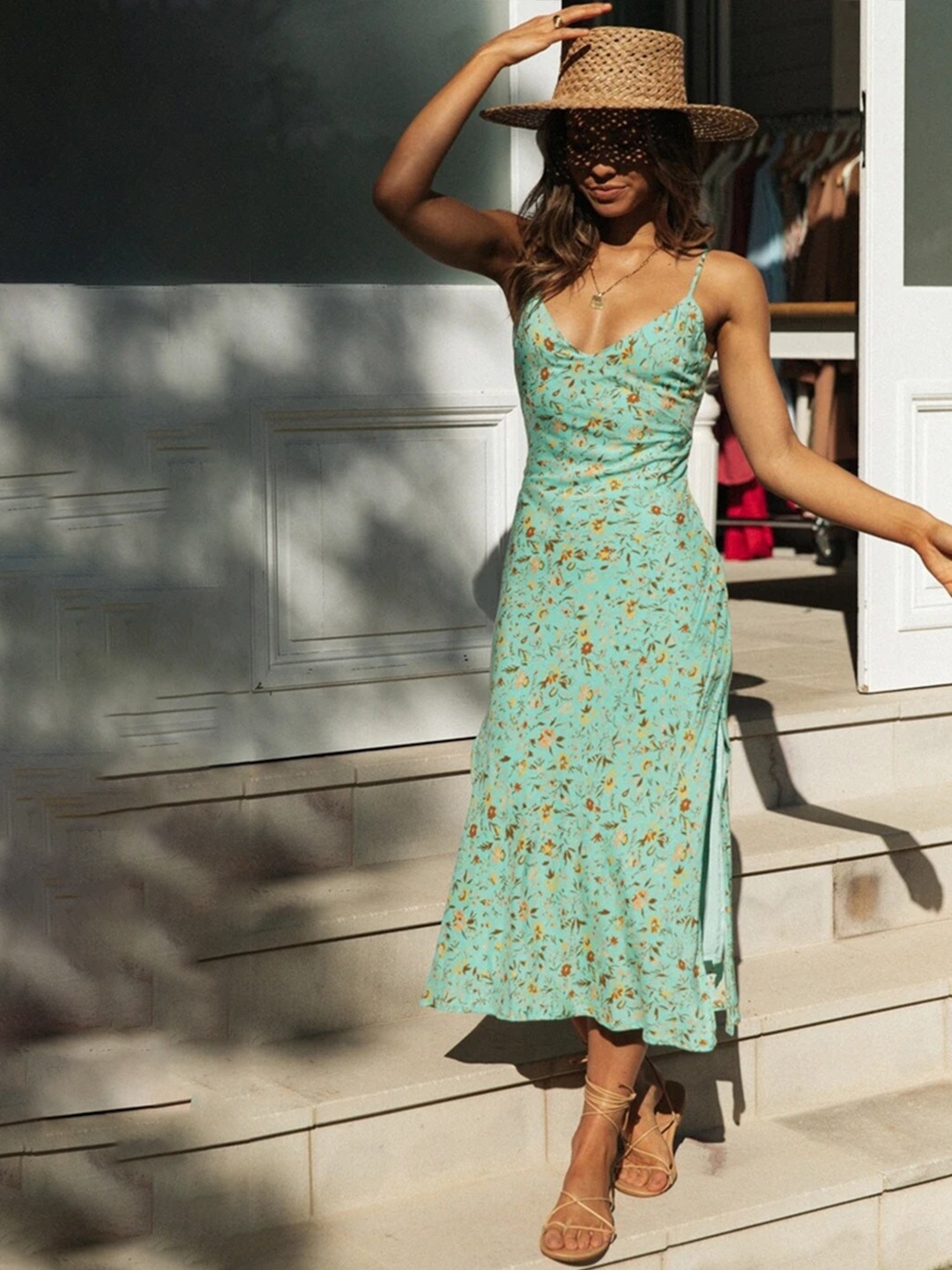 

StyleCast Floral Printed Shoulder Straps A-Line Midi Dress, Sea green