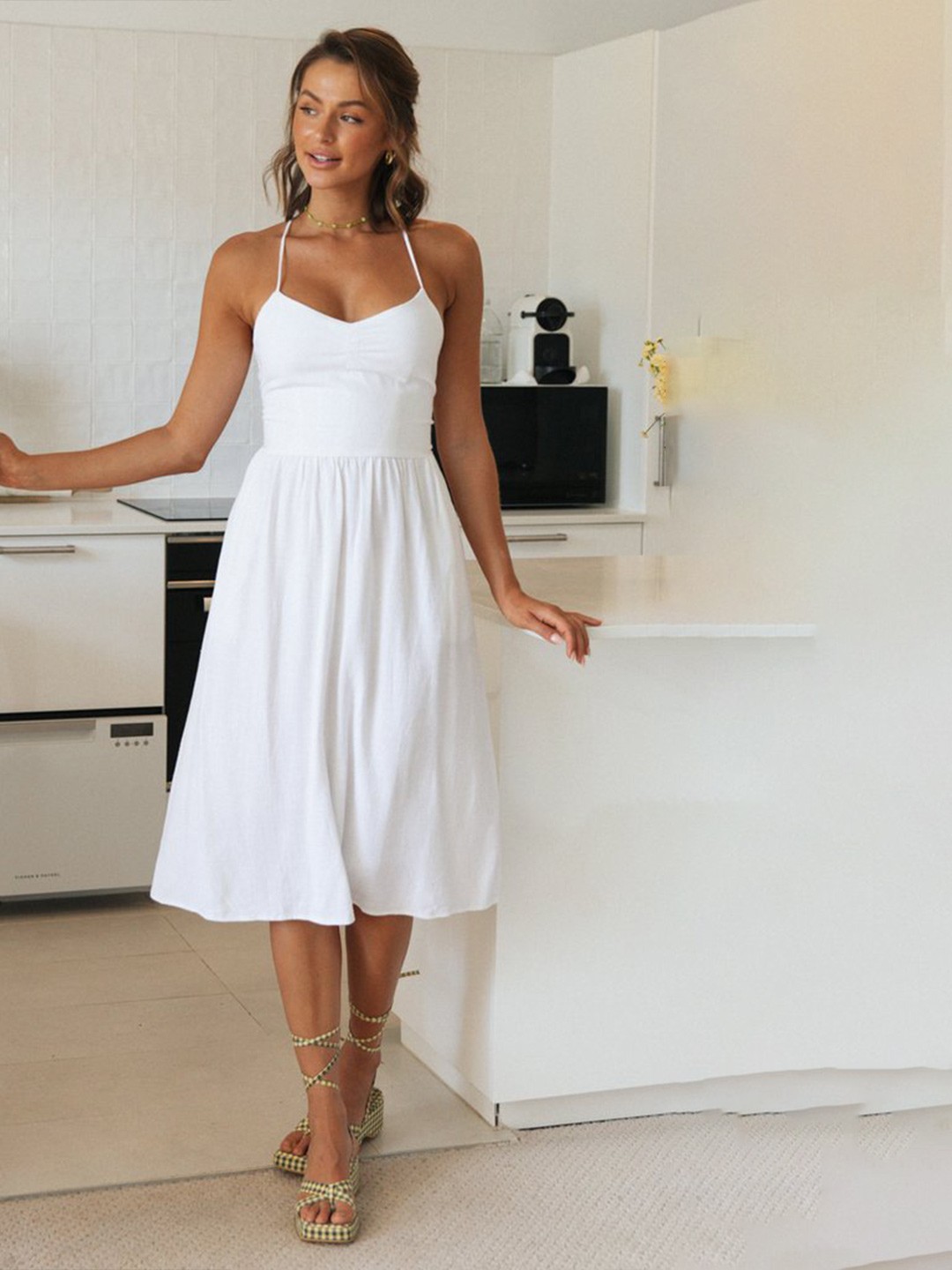 

StyleCast White Shoulder Straps Cotton Fit & Flare Midi Dress