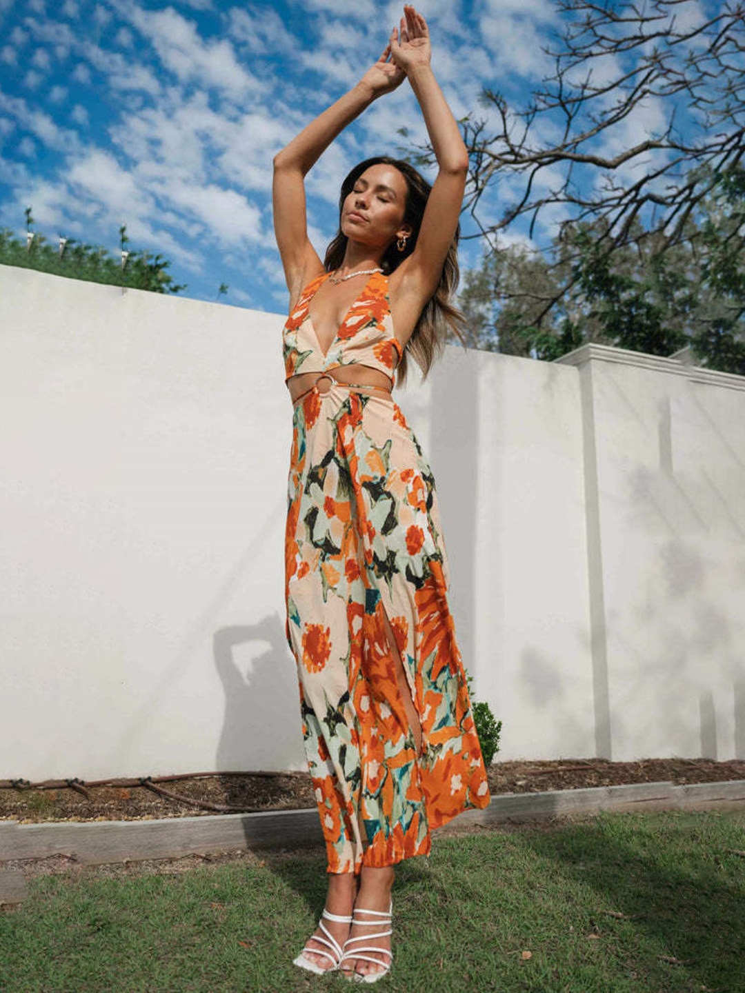

StyleCast Women Abstract Printed Halter Neck Cut Outs Maxi Dress, Cream