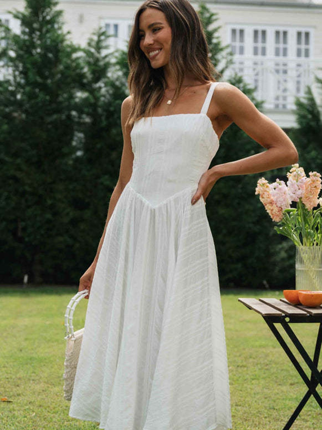 

StyleCast White Self Design Shoulder Straps Cotton Fit & Flare Maxi Dress