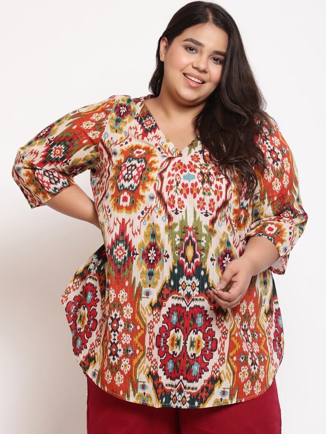 

Amydus Plus Size Patola Print Cotton High-Low Top, White