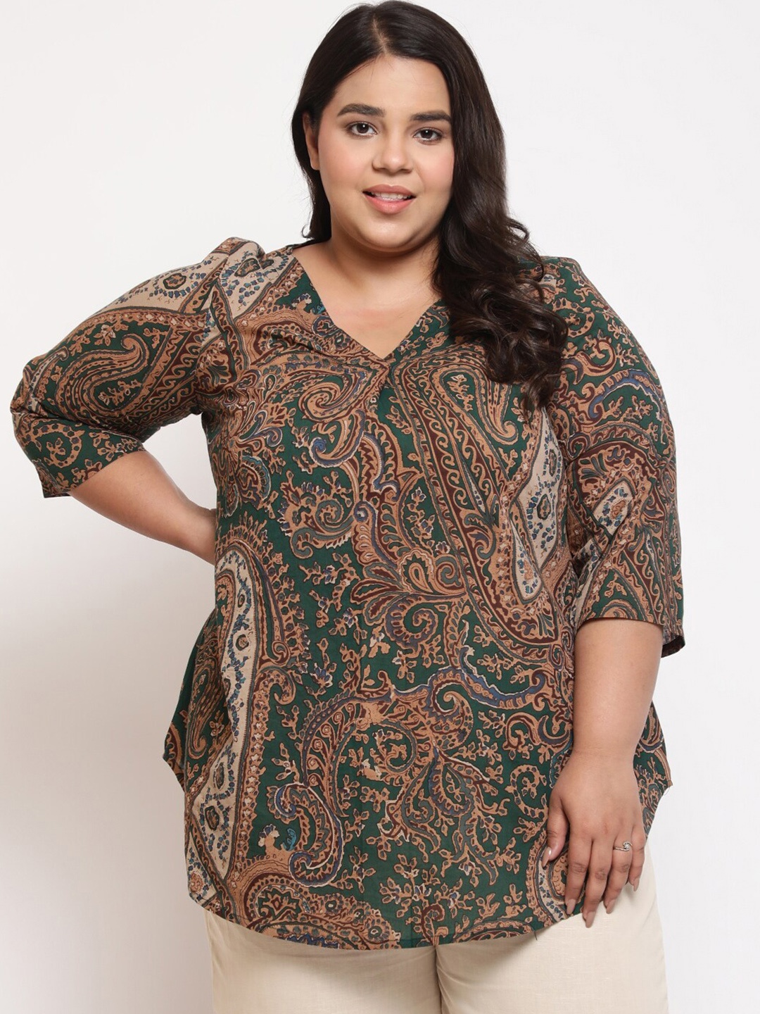 

Amydus Plus Size Paisley Printed V-Neck Cotton Top, Green