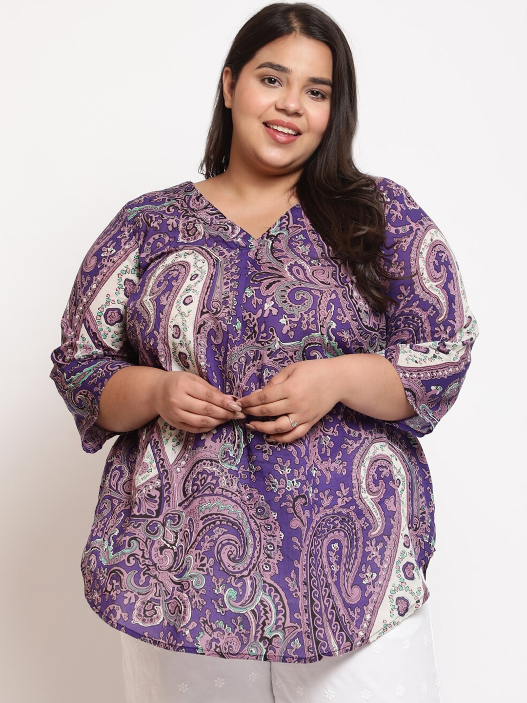 

Amydus Plus Size Paisley Print Cotton High-Low Top, Purple