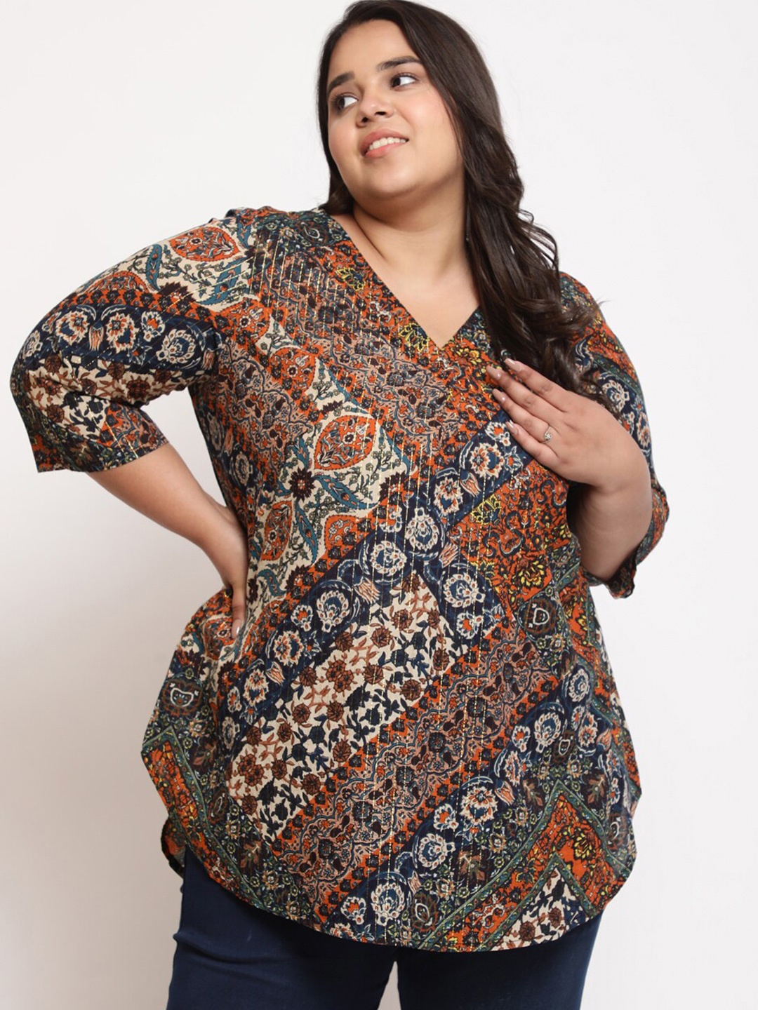 

Amydus Plus Size Ethnic Motif Printed Cotton Top, Rust