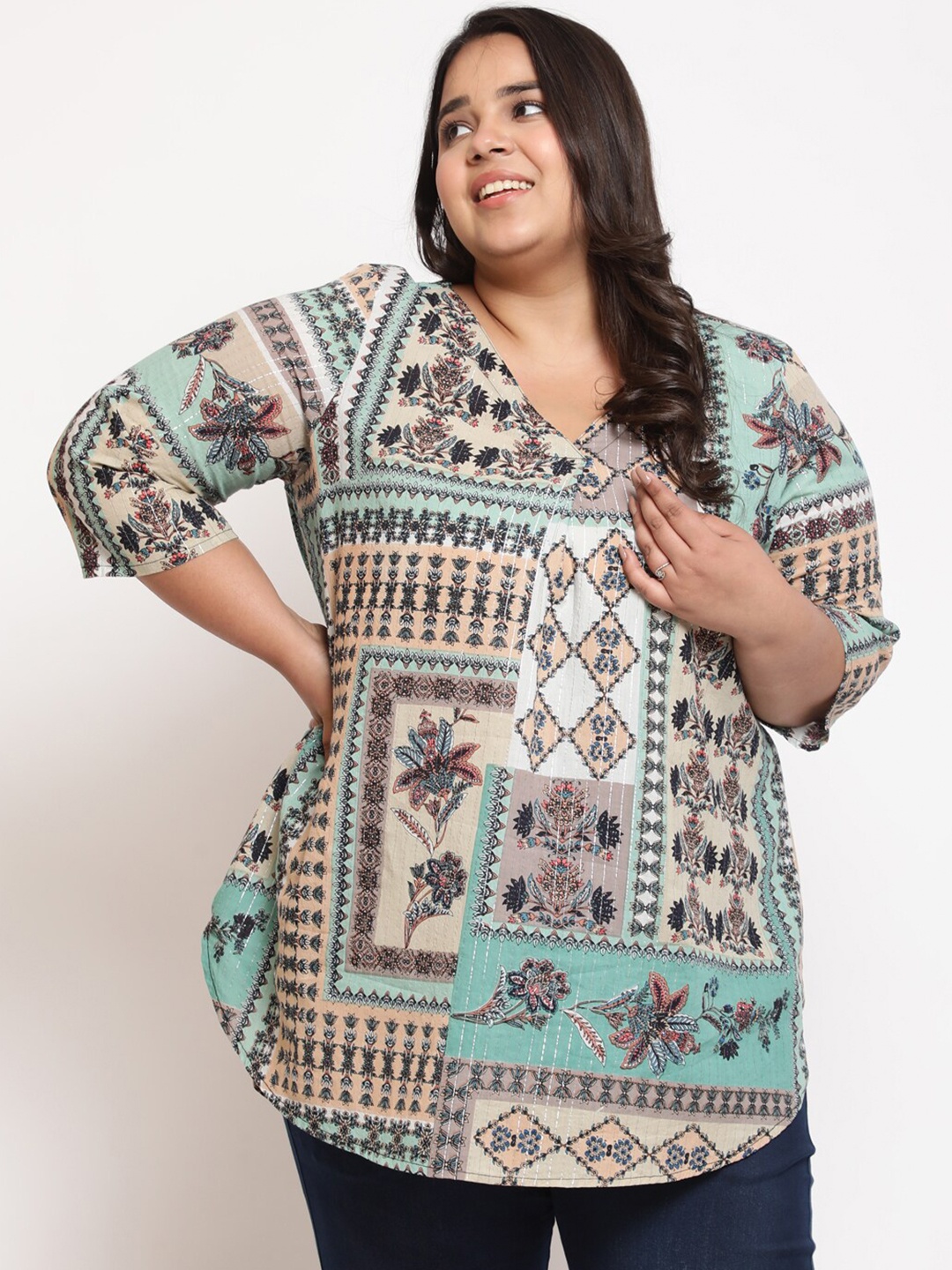 

Amydus Plus Size Ethnic Motif Printed Cotton Top, Green