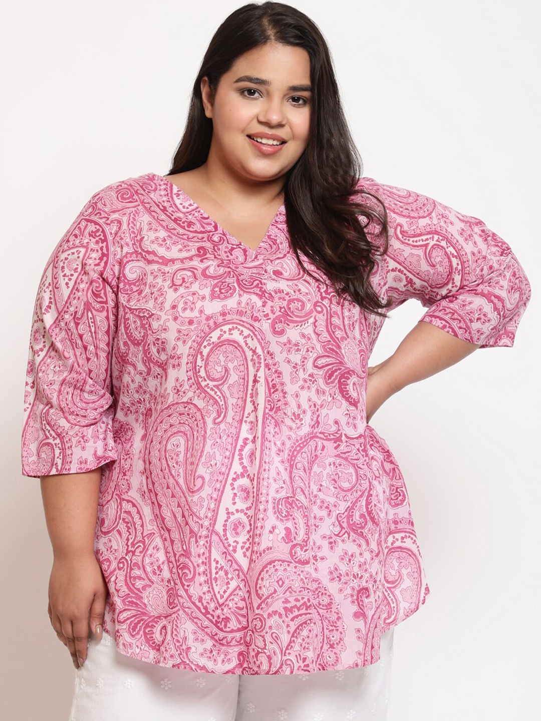 

Amydus Plus Size Ethnic Motif Printed Cotton Top, Pink