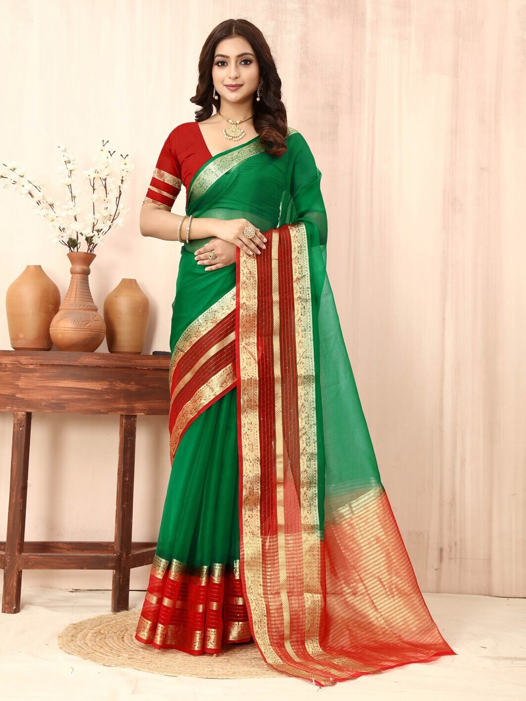 

Sadika Woven Design Zari Organza Banarasi Saree, Green
