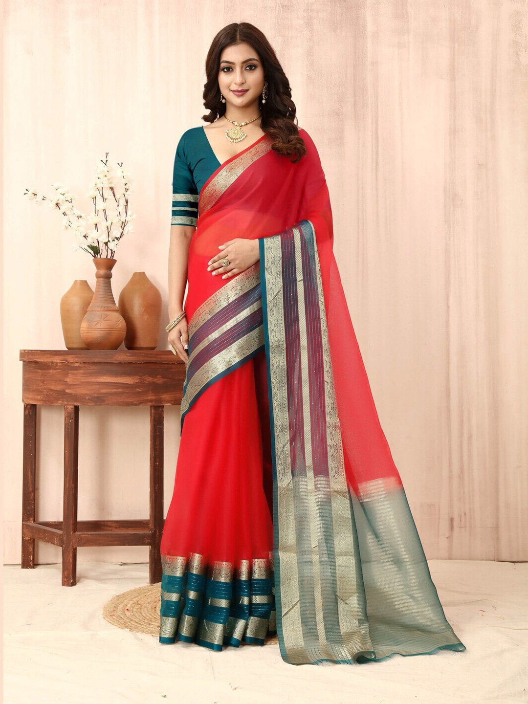 

Sadika Woven Design Zari Organza Banarasi Saree, Rose