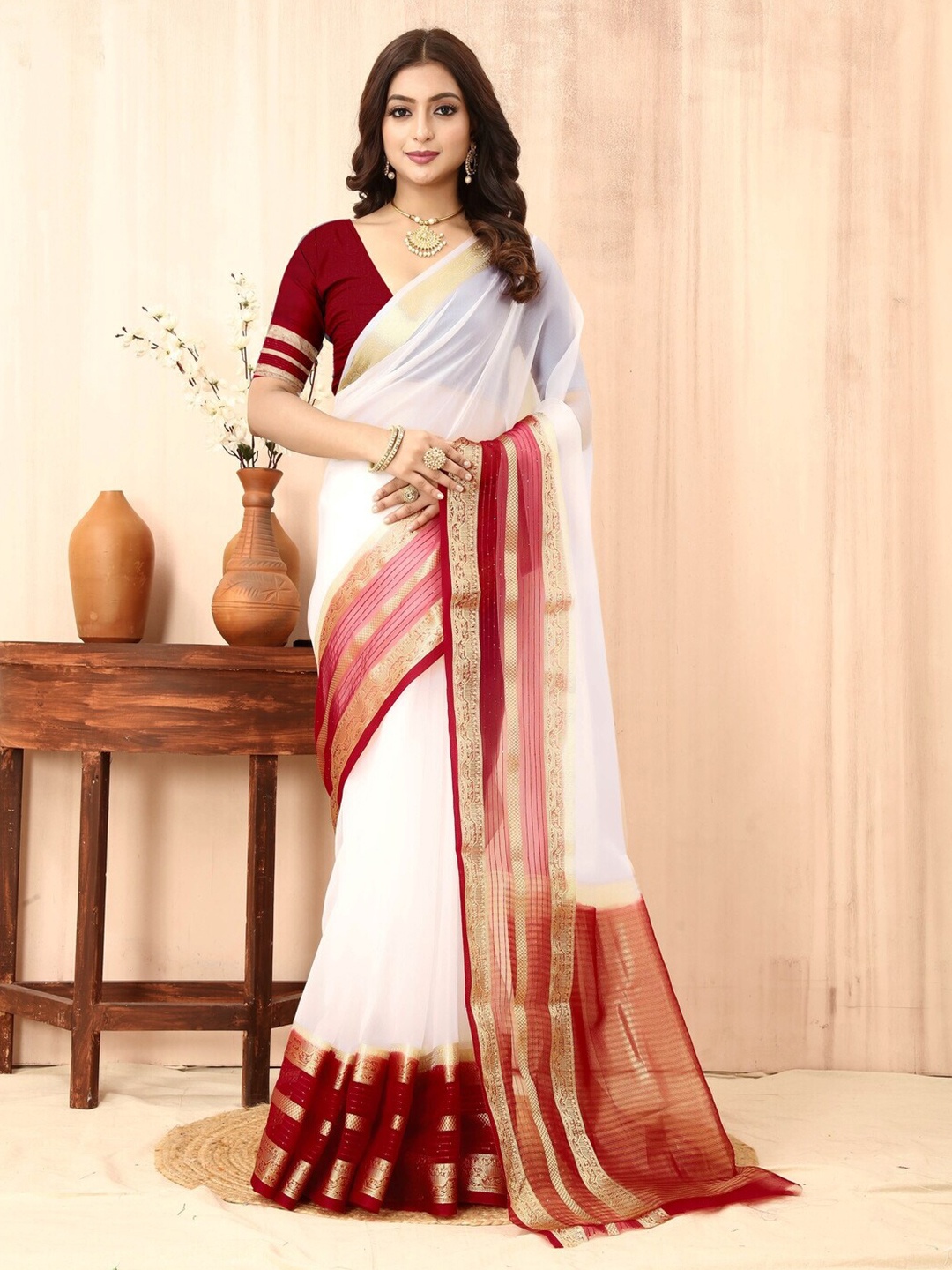 

Sadika Woven Design Zari Organza Banarasi Saree, White