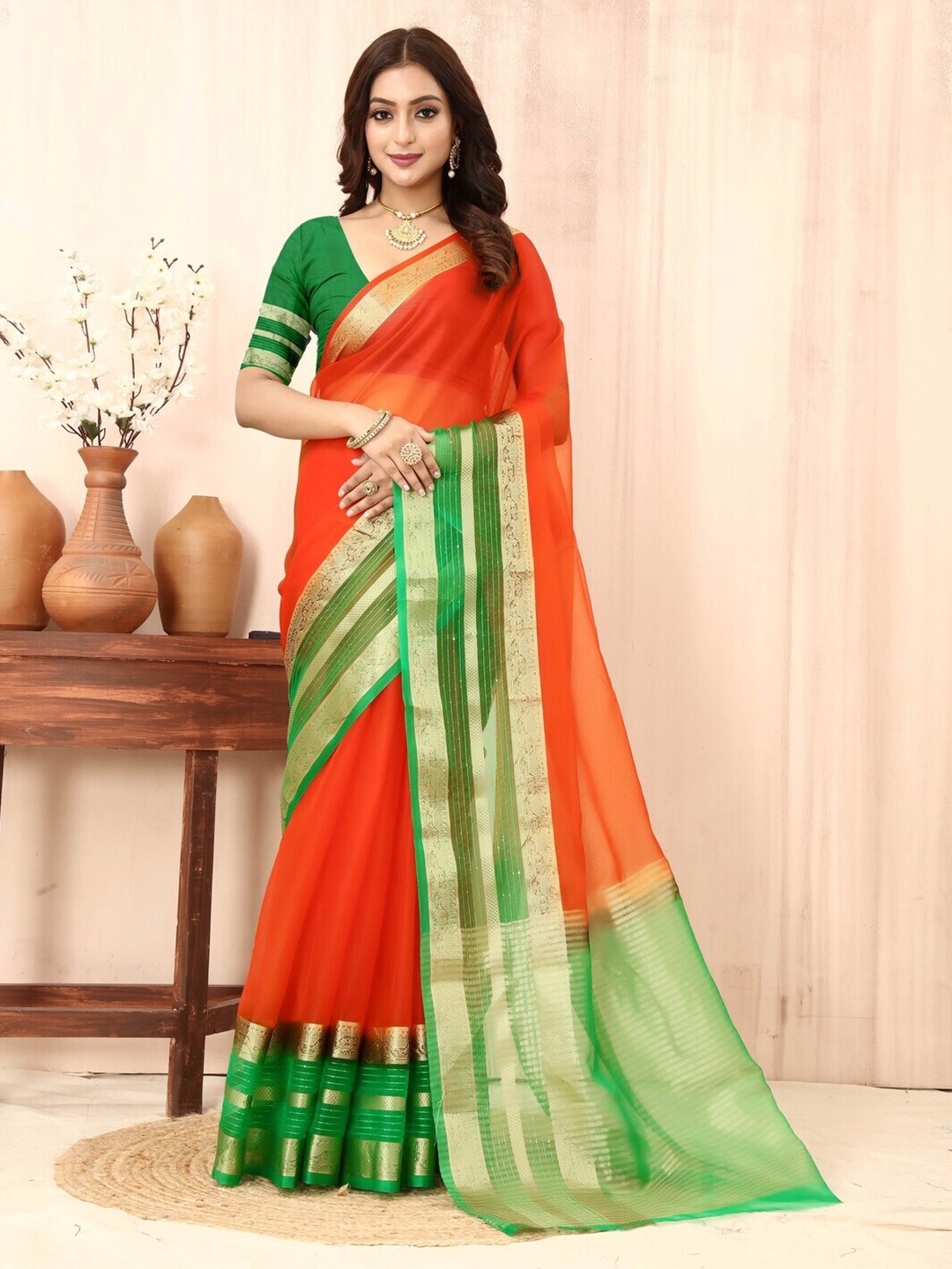 

Sadika Woven Design Zari Organza Banarasi Saree, Orange